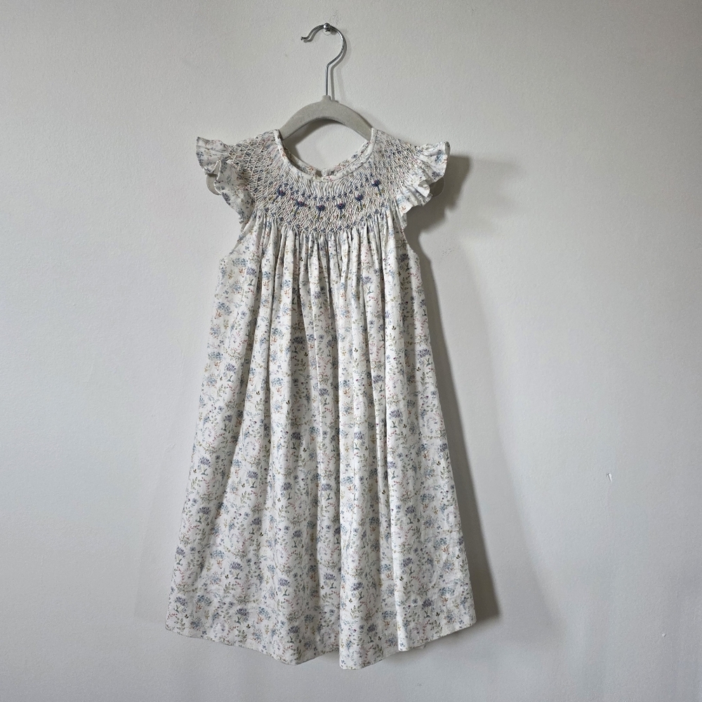 White & Blue Floral Smocked Girls Dress, 6Y